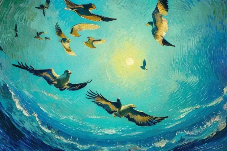 From under the sea、Looking up at the water surface、And watching the birds fly above it。Van Gogh and Monet style、Painting