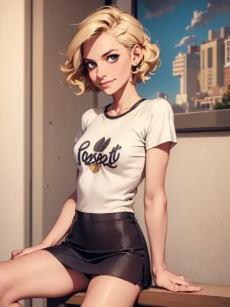 ((masterpiece, best quality)), a woman in a t shirt , front，Blonde short hair，t-shirt，Short skirt，Gentle smile，Become a，。