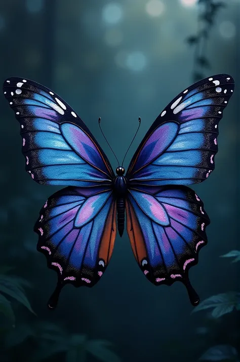 A single large butterfly with beautiful colors and patterns. The colors are dark tones, looking charming and mysterious.