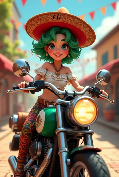 Happy white princess with green eyes and short curly hair wearing a Mexican hat with the name Eli written on it and Mexican charro clothing at a national holiday celebrating riding a motorcycle and the motorcycle has the Mexican flag 