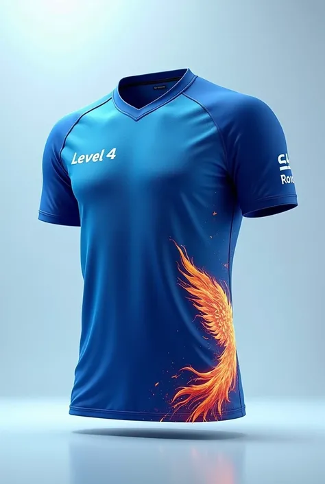 create a blue white inspired (back to back) tshirt or a sports shirt or jersey shirt with a pheonix on the side of the shirt that looks like blazing and a “LEVEL 4” written on the shirt 