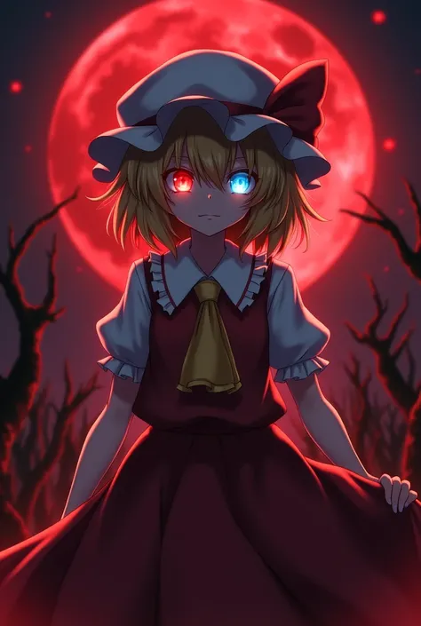 Flandre Scarlet　White hat background red moon　Eye color: left eye red, right eye blue　Smug face　Anime