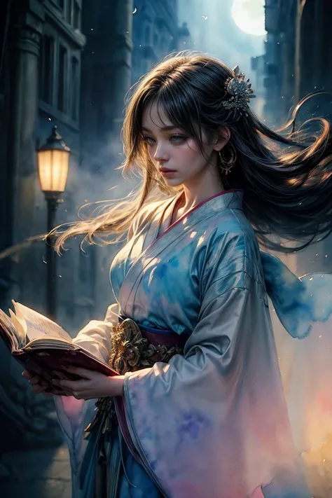 (masterpiece, Top quality, best quality, Official Art, (beautiful and aesthetic:1.4), (watercolor:1.4) ),  (Monthly reading:1.5), Japanese mythology gods, short-lived beauty, The ethereal presence in the moonlight, Divine elegance, A calm and thoughtful ex...