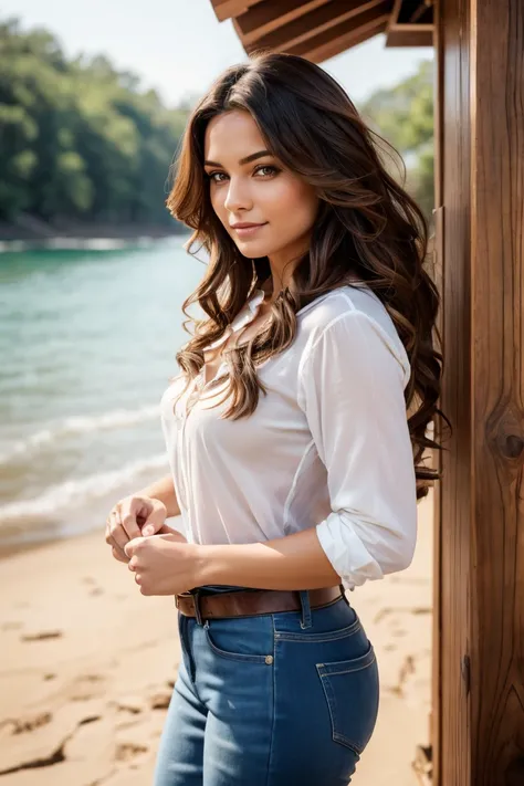 a beautiful carpenter charisma, 25 years, wavy hair in the wind. she is a men&#39;s magazine model, He has a subtle smile and flirts with the camera., (She is wearing a tight unbuttoned blouse and leather pants with a large belt..:1.2), background walking ...