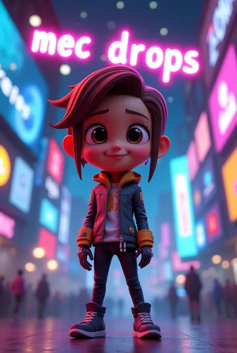 Animated character with light skin and brown hair, dark eyes and happy, wearing a technological outfit and in the background images of several different cryptocurrencies and above the image written in neon "MEC Drops"