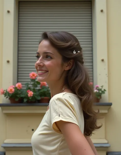 Background: balcony with a shutter and a flower fence, with wedding ring, portrait from the side, background: metal plate with two rows of rivets, background: lower side with cream-coloured panels, 1 woman in the 1970s, smiling, looking to the left