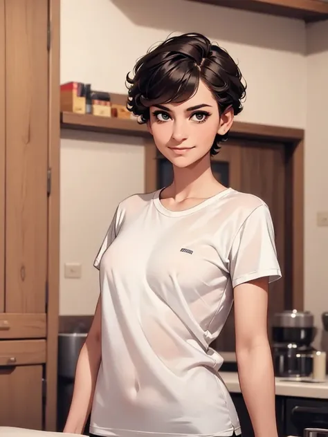 ((masterpiece, best quality)), a woman in a t shirt , front，Black short hair，shirt，Gentle smile，Become a，。male