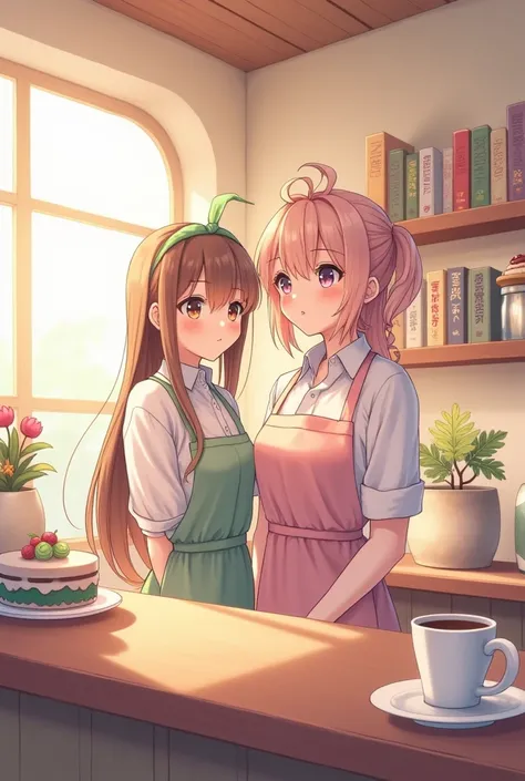 Cozy cafe interior, warm lighting. Cute anime style female part-time worker standing in front of the counter. long hair, Wearing an apron. Looks like he&#39;s talking inside the counter. A curious look. There is a coffee cup in the background, cake, A cafe...