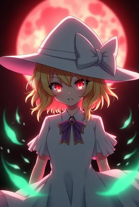 Flandre Scarlet　White hat background red moon　Eye color: left eye red, right eye blue　Smug face　Anime　Sparkling emerald feathers