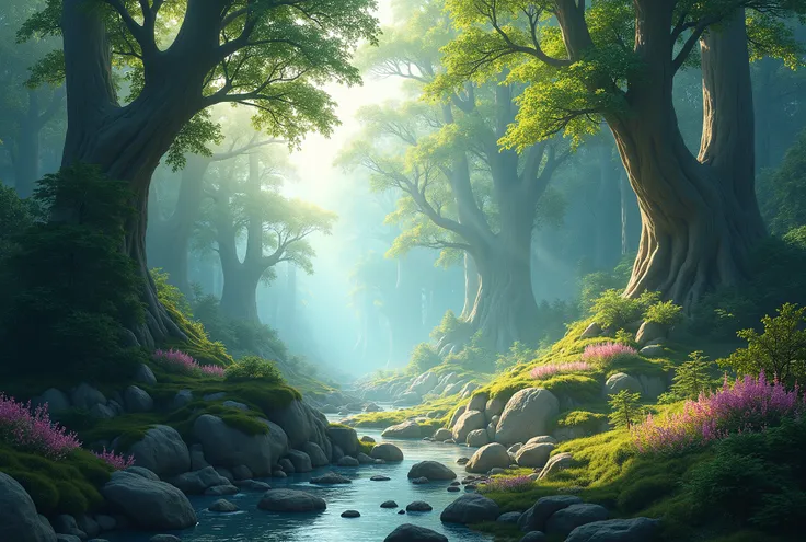 masterpiece, best quality, high quality, extremely detailed unity 8k cg wallpaper, an enchanting and dreamlike scene of a fantasy forest, with towering trees, hidden fairy valleys, small river running between the rocks, creating a sense of mystique and enc...