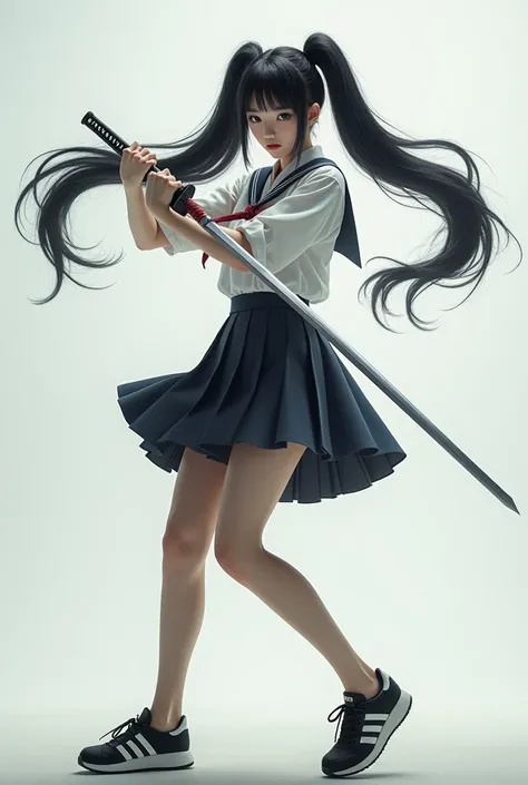 
Masterpiece、Highest quality、Super rendering、Ultra-realistic、Beautiful Japanese woman、High definition face、Clean and smooth face、whole body、Standing and swinging the long sword with both hands、Anatomically correct sword grip、Twin tails of black hair、Wearin...