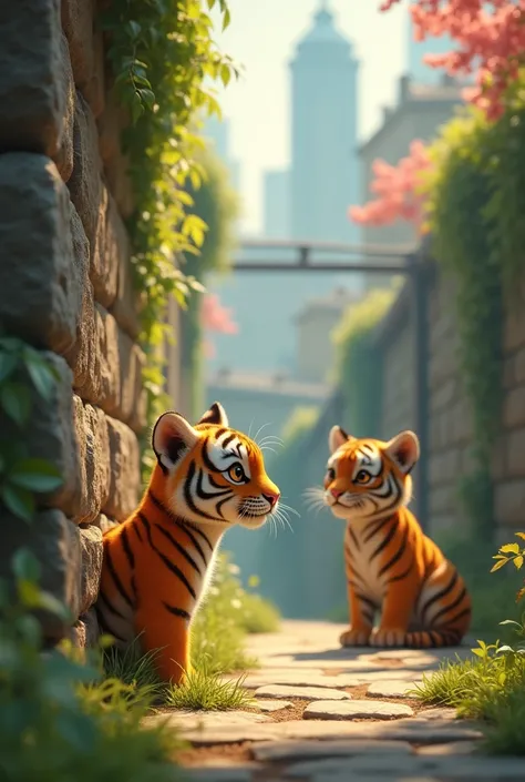 One  little  tiger   behind the wall  look  towards the other tiger    fall in love in beutiful city green
