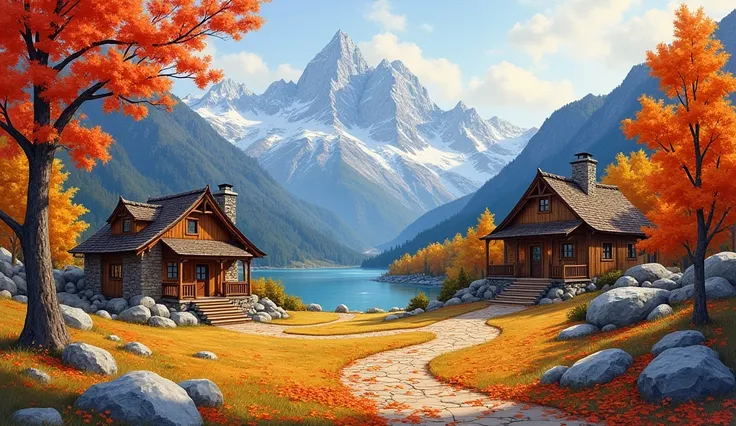 A secluded house in the heart of the mountains in autumn, Rustic style cottages are located among colorful trees, Winding paths， It is covered in fallen leaves， Leads to a hidden lake, Peaceful and secluded feeling, Painting, watercolors on clothINFO