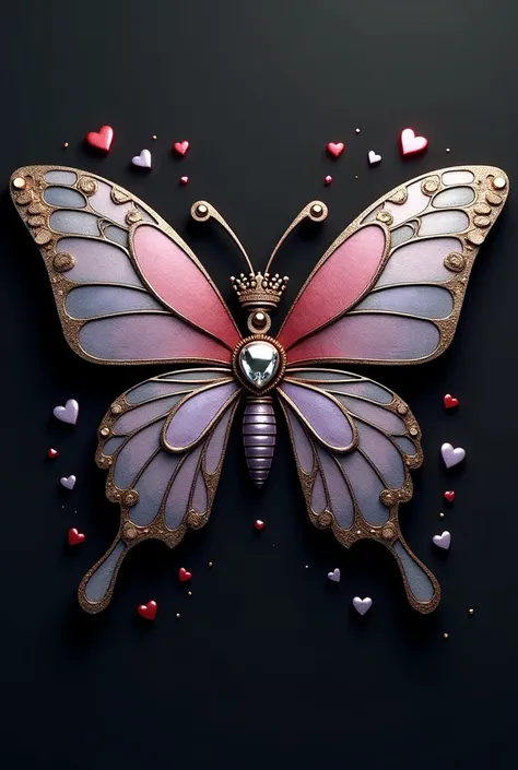  Elegant Black and White Typograph with a metallic butterfly with crown on top with a beautiful diamond, small metallic red and lovender hearts on the sides, photo, 3D render with the name NAPO 