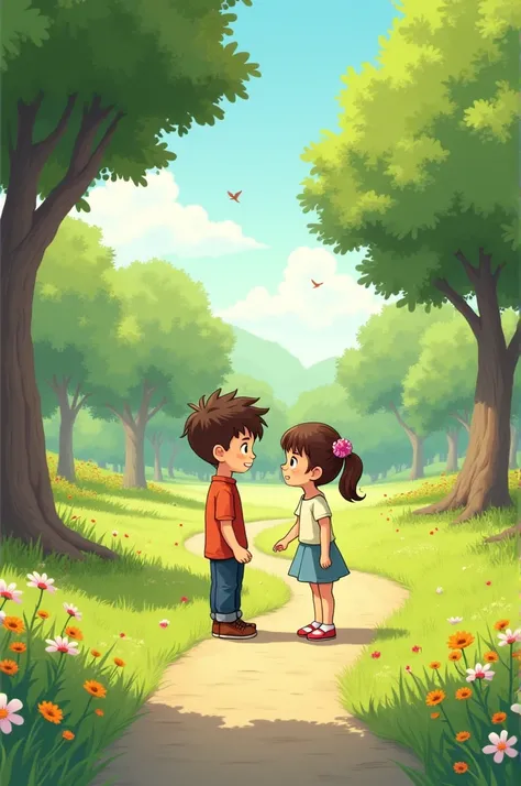 make a comic about boy and girl in a park talking 
