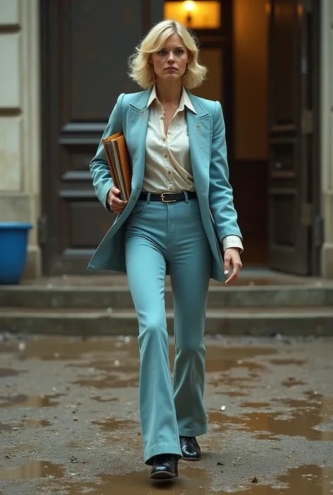 (photorealism:1.2), Dirty covered of mud and grease hair. Blonde 1977 bob woman. Blue pale 70s suit fully covered of shiny mud and grease. Dirty White 70s shirt with collar over the jacket lapels. Very wide legs bell-bottoms pants with fully completely soa...