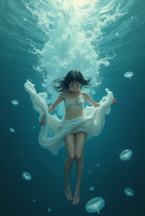 A girl falls feet first into the sea from the sky、Very fast speed、Sink Deep、A thin garment that can be turned up、belly button、Black hair standing on end、Water bubbles、Intense foaming、Wide Shot、Ultra-high resolution、Highest quality、Asian Woman、Baby Face、cut...