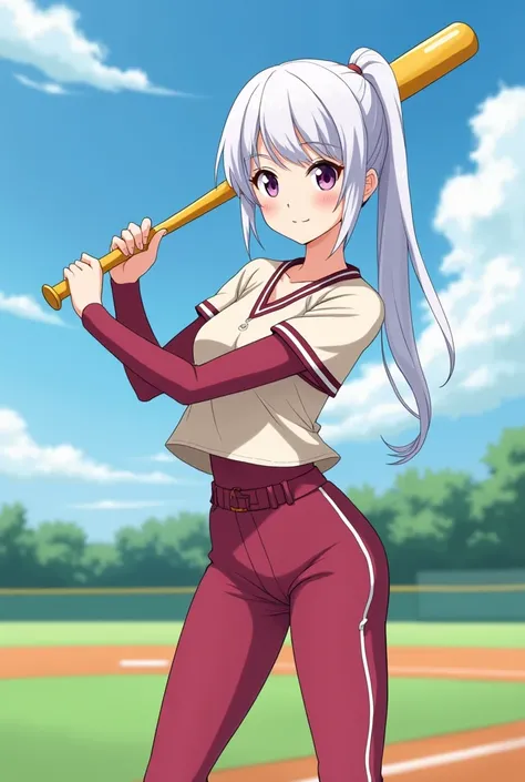 HD、Animation style、white hair 、Purple Eyes、girl、High school student 、single ponytail、Baseball player、Light color short sleeve top、Long sleeve red underwear、plump breasts、Good shape、Thin、sash、Sky、cloud、sunny、Baseball field、Yellow maple wooden baseball bat h...