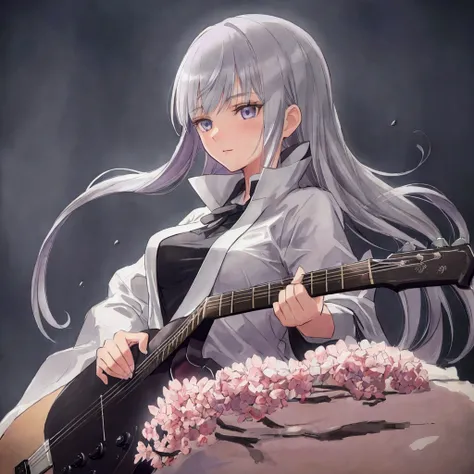 a girl with grey hair with black tips, playing a guitar, pastel purple clothes, slightly smiling, in a room, warm lighting, detailed face, beautiful detailed eyes, beautiful detailed lips, extremely detailed face, long eyelashes, , 8k, high quality, highly...