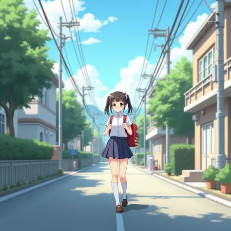 There is a school girl wearing a uniform who is carrying her backpack while walking home from school anime