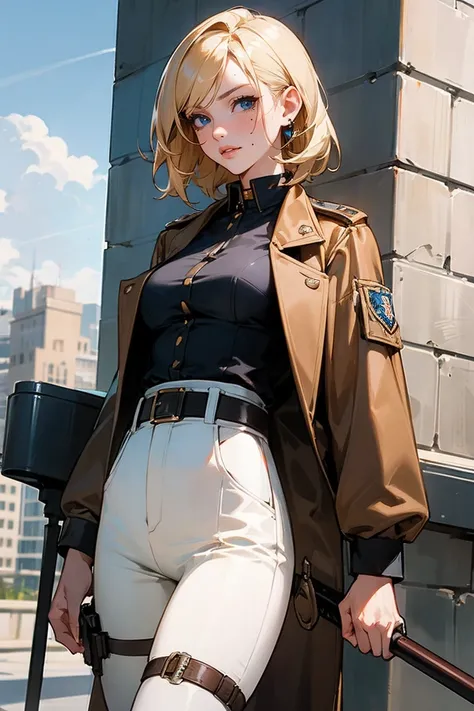 1girl, solo, breasts, looking at viewer, blue eyes, shirt, blonde hair, jewelry, medium breasts, jacket, white shirt, weapon, outdoors, cowboy shot, earrings, sky, pants, artist name, medium hair, belt, cloud, mole, open jacket, lips, thigh strap, building...