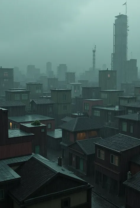 A rainy city seen from above with a dark and gloomy atmosphere With a lot of rain and few houses More diversity of houses 