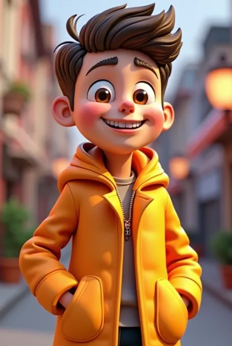 a smiling young man like a Disney Pixar character in 3d. This character is called Allysson and is a virtual agent for a dropshipping store.. Another detail is in his clothes. He is wearing an orange coat