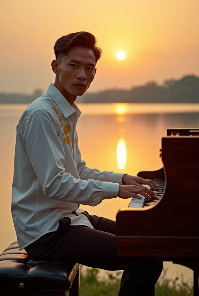 Fullbody photogenic featuring professional photography of a handsome young Indonesian man, playing the piano wearing formal attire, a white shirt with yellow patterns and long trousers, with a beautiful lake in the background and a charming sunset. ultrahd...