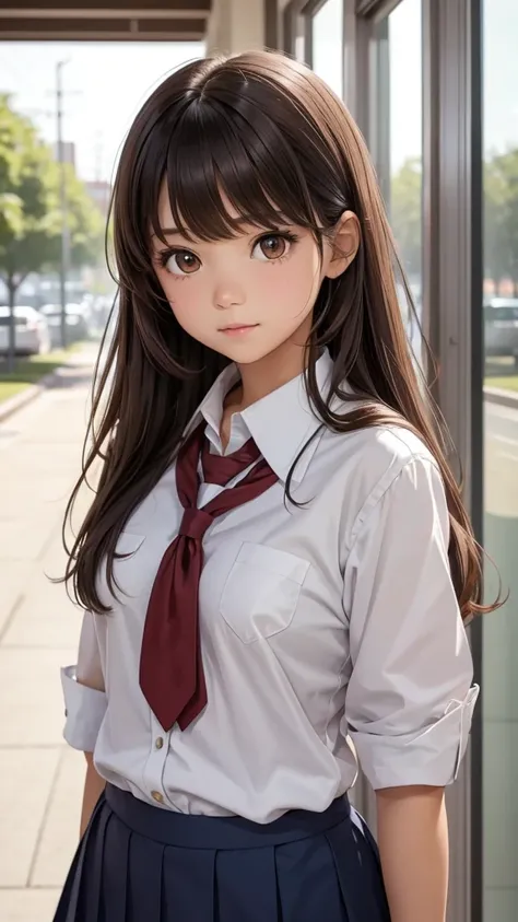 A  girl, with a school uniform, fringe, Brown eyes.