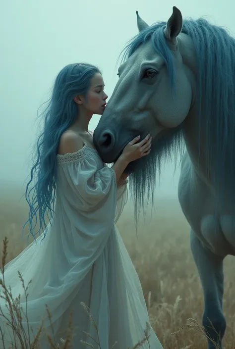 A fertile proper girl with long blue hair. Who is caught and swallowed by a fertile mare. Distant image