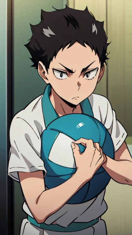 a girl holding a ball, mid hair ,grey + black eyes  iwaizumi