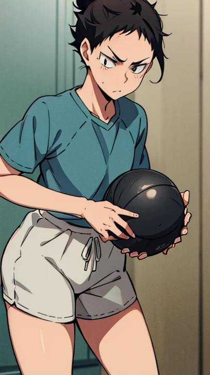 a girl holding a ball, mid hair ,grey + black eyes  iwaizumi