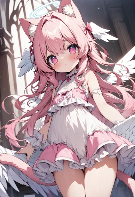 masterpiece,best quality,ultra detailed,(hyper cute anime style super petit ultra pretty character),1 loli-shota,pink hair,long hair,cat ears,cat tail,angel halo,angel wing,