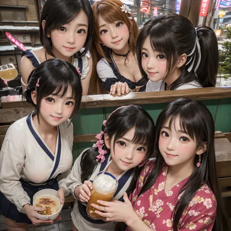 (((masterpiece、Highest quality、Detailed Anime)))、(((Cute girls gather、Three Girls、beautiful girl、Small and cute face:1.3、Small Boobs、Big beautiful eyes、smile)))、((Showa Retro:1.2、Hot Spring Town、Downtown drinking district))、Places to visit in Japan、Standin...