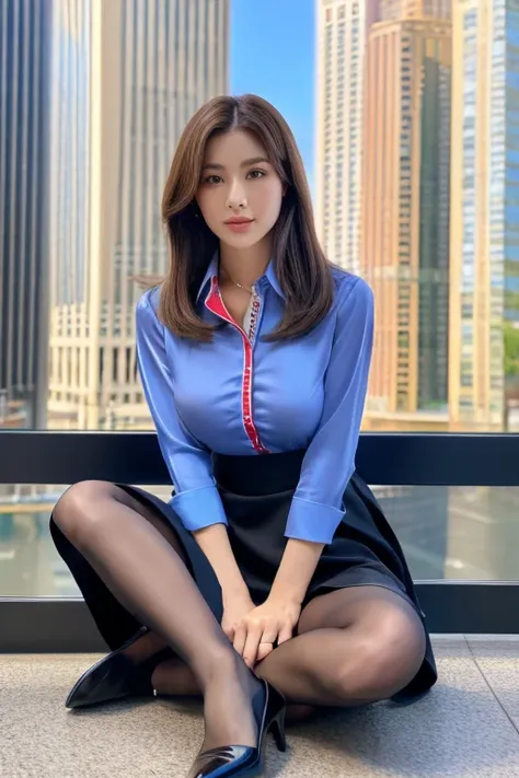 (Colorful collared shirts)、(Midi Skirt:1.2) 、Full Body Portrait、(silk pantyhose)、Sitting、Both legs and high heels look beautiful.、1 girl、Perfect body,Two well-balanced legs、 Perfect hands, (Perfect Face, Perfect Eyes), Accurate,((Perfect Anatomy, Anatomica...