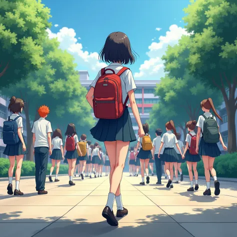 When school ends, the yard is very crowded because the students are going home, There is a school girl wearing a uniform who is carrying her backpack while walking home from the anime school building.