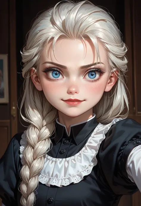 
"Create a realistic image of Elsa from Frozen taking a selfie with Wednesday Addams from the Addams Family. Elsa is smiling warmly, wearing her signature icy blue gown, while Wednesday, dressed in her traditional black dress with a white collar, looks ser...