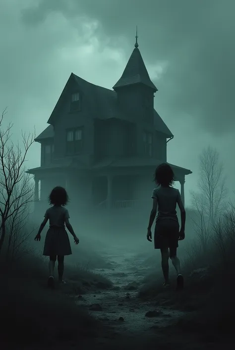 Realistic dark house and children near it