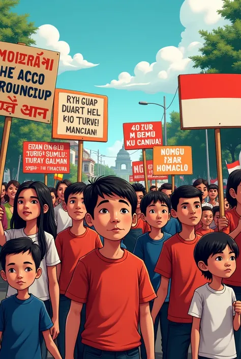 cartoon poster of Indonesian people demonstrating peacefully while carrying banners