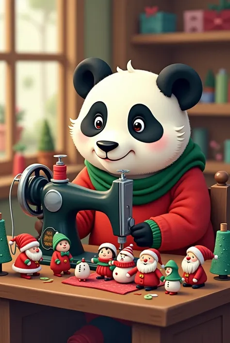 Cartoon panda bear sewing various Christmas dolls with a sewing machine