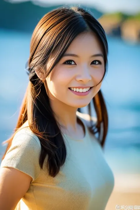 Actual photo,High resolution, Anatomically correct, Attention to detail, Highest quality, A beautiful Japanese woman, 28years old, A kind smile, Casual attire for the beach, Bust size slightly larger than mid-size, lower ponytail, sparkling pupils, A magni...