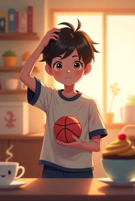 Cozy cafe interior, warm lighting. A boy who looks blunt but has a shy expression, gym uniform, Front view, Scratching the head, The ball looks slightly red, There is a coffee cup in the background, cake, A cafe interior decorated with cute books. Overall ...