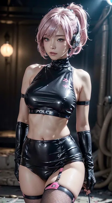 (Top Quality, Ultra High Definition, Photorealistic:1.4), (cowboy shot:1), 1 Beautiful Armed Girl, (Kpop Idol), Detailed Face, (Hair Style: Pink:1, fullbang, shortbob-style:1), Contrapposto, Perfect Anatomy, ((wearing Futuristic Police Racing Suits, low-mi...