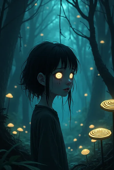 [By Junji Ito], Dark horror images, [Detailed shadows], [vein], (Forest Glow Mushroom), 1 girl, Colossal cosmic eyes, Tears flowing, Spiral mushroom, HDR