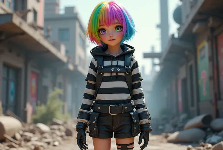 Girl, black and white shirt, apocalypse hooded armored miniskirt, full body, short rainbow hair, rainbow eyes, cute pants