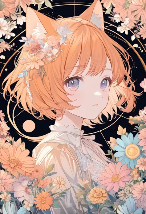 anime girl, short hair, orange hair, flowers, composition, cute,pastel, golden ratio, beautiful, cat ears