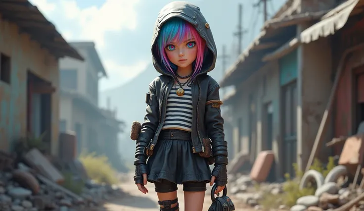 Girl, black and white shirt, apocalypse hooded armored miniskirt, full body, short rainbow hair, rainbow eyes, cute pants