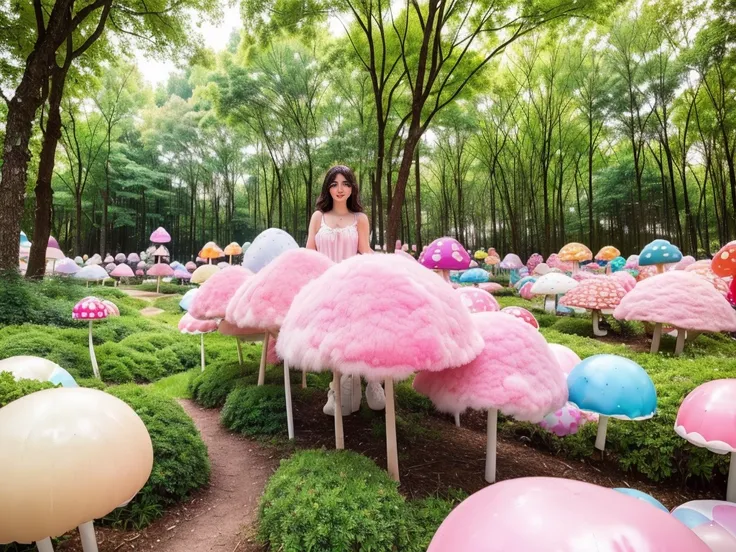 1girl, cute candyland, cotton candy sky, whimsical mushroom forest, colorful candy trees, lollipop plants, marshmallow clouds, bubblegum grass, gummy bear path, chocolate river, (best quality,4k,8k,highres,masterpiece:1.2),ultra-detailed,(realistic,photore...