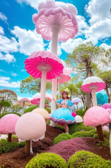 1girl, cute candyland, cotton candy sky, whimsical mushroom forest, colorful candy trees, lollipop plants, marshmallow clouds, bubblegum grass, gummy bear path, chocolate river, (best quality,4k,8k,highres,masterpiece:1.2),ultra-detailed,(realistic,photore...