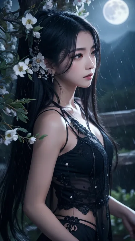 masterpiece, 最high quality, night, Mountain, full moon, Long black hair, woman, performer, Mystical Tree, high quality, Beautiful graphics, Attention to detail, heavy rain